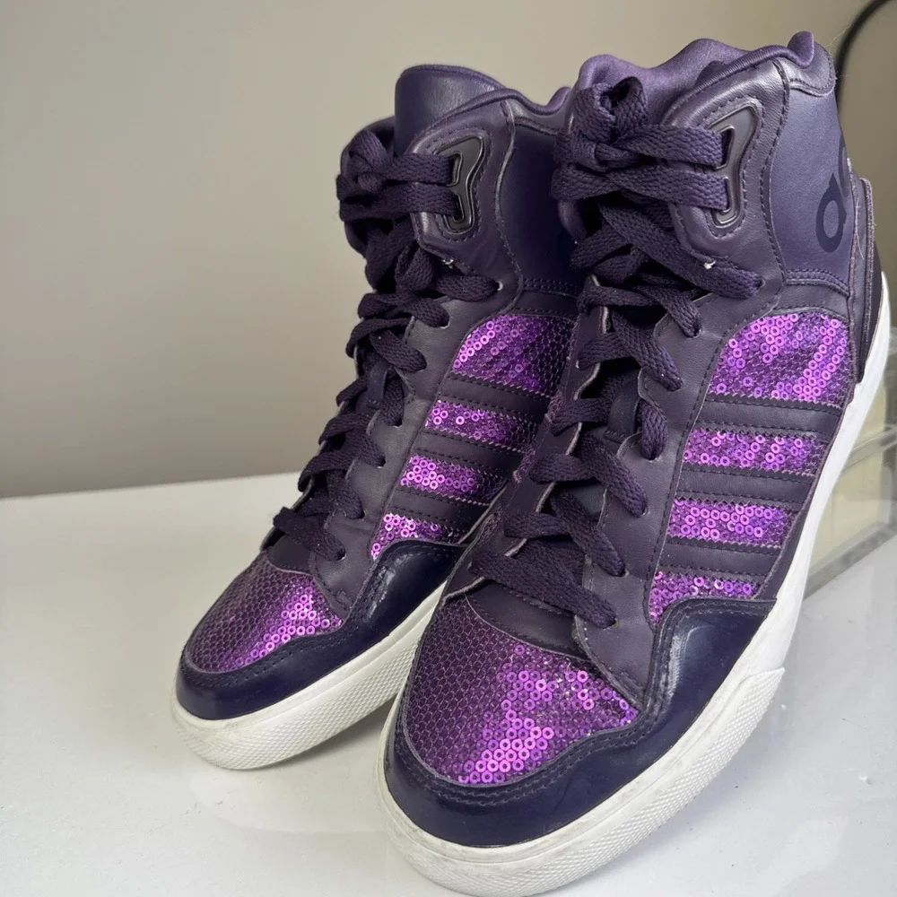 Adidas Extaball High Top Sneakers Womens Shoes US 8 Dark Violet Sequins White